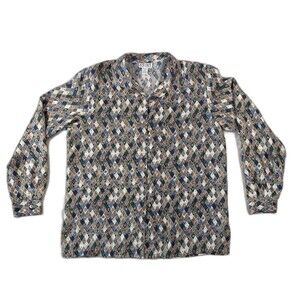STUNT 100% Silk Shirt Women M Blue/Grn/Argyle Diamond Floral 90s/Y2K Cottagecore
